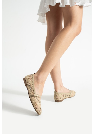 Dabab Shoes Merına Kadın Bej Düz Babet Dantel Dokuma Çiçek Desenli Tokalı Düz Ayakkabı