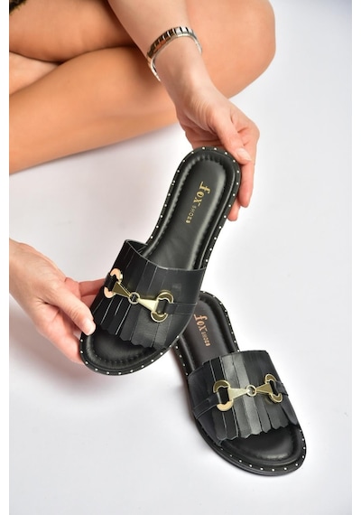 Fox Shoes Y291873003 Siyah Hakiki Deri Kadın Terlik