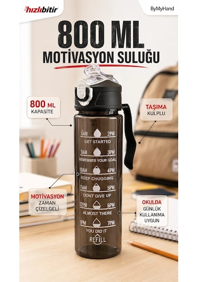 Bymyhand Siyah Taşıma Kulplu Kilit Kapaklı Pipetli Suluk Okul Matarası Motivasyon Matarası 800 Ml