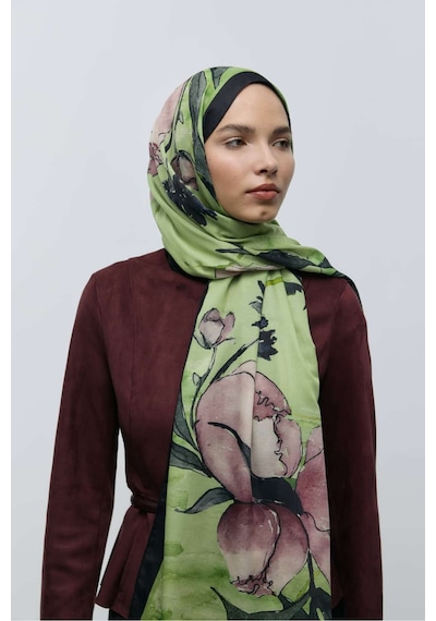 Moda Kaşmir Nileya Desen Pamuk Şal Siyah-yeşil