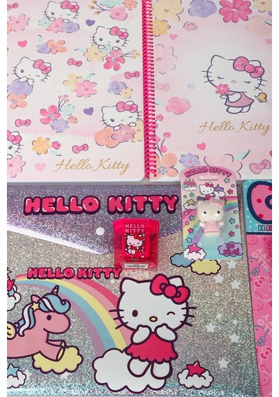 "dekomus Islak Mendil Hediyeli" Lisanslı Hello Kıtty 8 Parça Kırtasiye Seti 2 Adet Çizgli A4 Defter,versatil Uçlu Kalem,silgi,dosya Altın