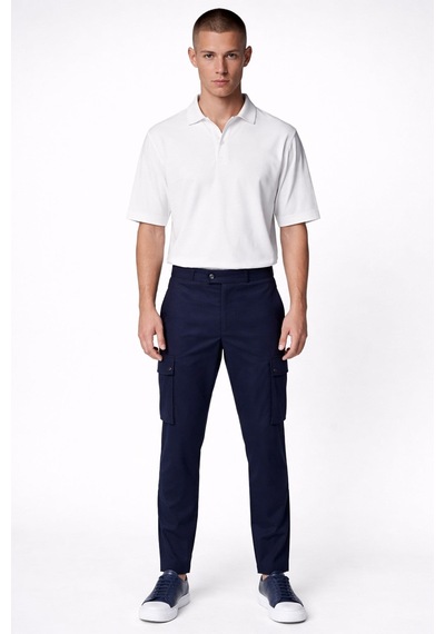 Giotelli Erkek Lacivert Dar Kesim Slim Fit Viskon Dokuma Kargo Cep Normal Bel Pantolon