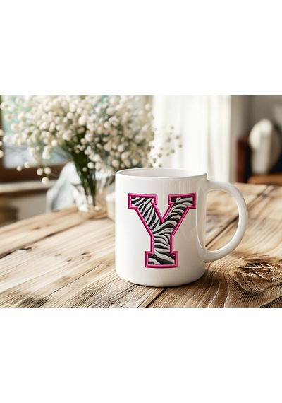 Y Harfi Zebra Deseni Ve Pembe Kenarlı Kupa Bardak - Kişiye Özel Nakış Efektli - Siyah Beyaz Pembe Beyaz
