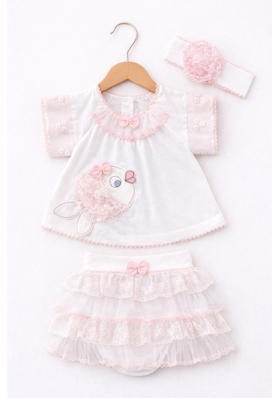 Kardeşler Bebe Balık Detaylı Kız Bebek Takım Dantelli Tütü Etek Ve Saç Bandı Set Pembe-beyaz