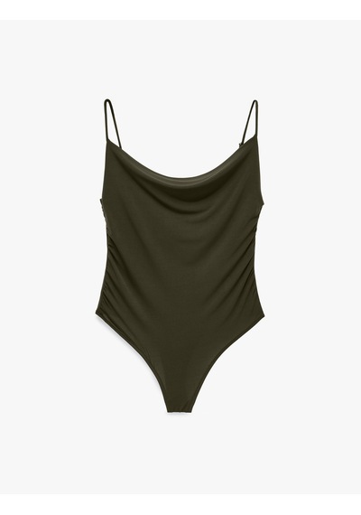 Koton Slim Fit Degaje Yaka İnce Askılı Bodysuit Haki 6sal30040ık