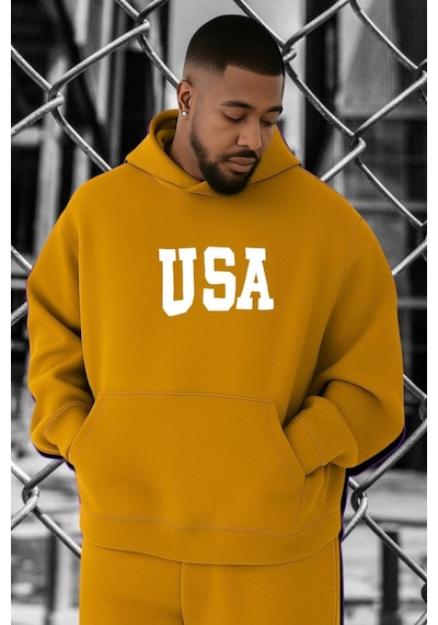Benroma Usa Baskılı Büyük Beden Sweatshırt Sarı