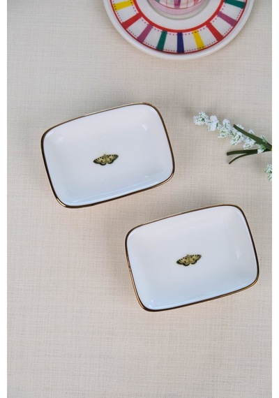 Tabak Evi Kelebek Altın Yaldızlı Dikdörtgen Kayık Tabak 10x7x2cm 2 Li Çok Renkli