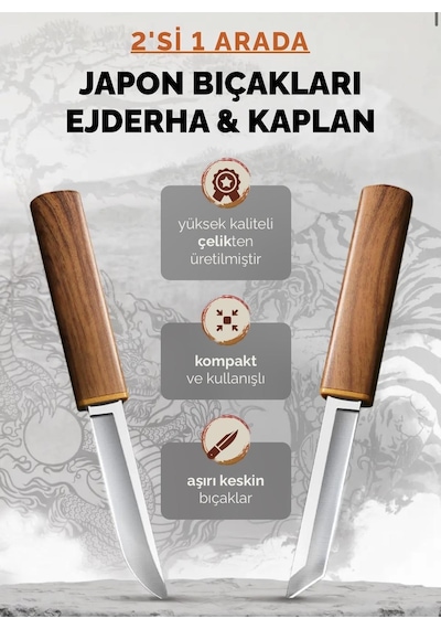 Valkyrie 2 Li Japon Tanto Şef Bıçağı Seti Paslanmaz Çelik, Kılıflı, Ultra Keskin Kamp & Mutfak Bıçak Seti Kahve Kahverengi