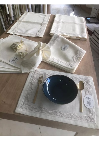 Buradabulabilirsin Sofra Takımı Lina Gardenya Keten Yemek Takımı 160x260 Masa Seti 26 Parça Runner Set Krem Bbz