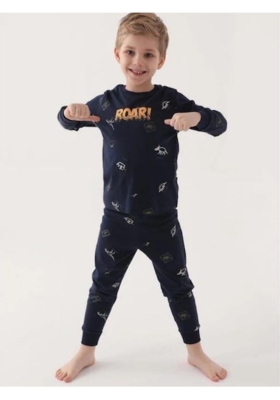 Cantoy Erkek Çocuk Roar Yazılı Dinozor Baskılı Uzun Kollu Pijama Takımı-16036 Lacivert