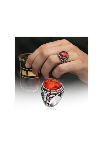 Oval Sentetik Kehribar Taşlı 925 Gümüş Erkek Yüzük