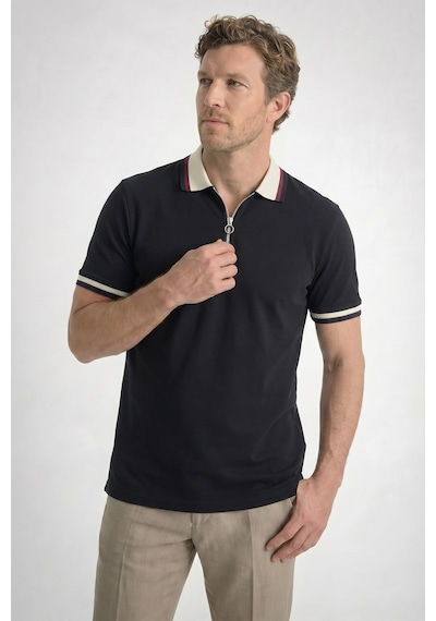 Tudors Erkek Slim Fit Dar Kesim %100 Pamuk Kısa Kollu Yarım Fermuarlı Siyah Polo Yaka Tişört-50743