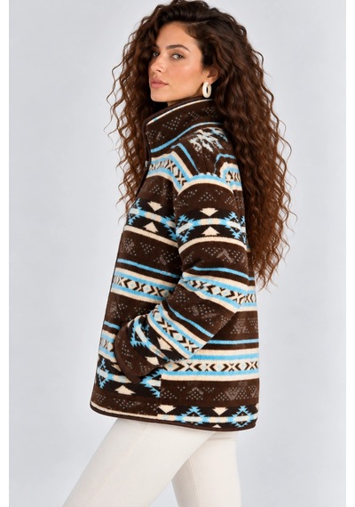 Mevese Desenli Dik Yaka Cepli Biyeli Kadın Polar Sweatshirt - Kahverengi-mavi