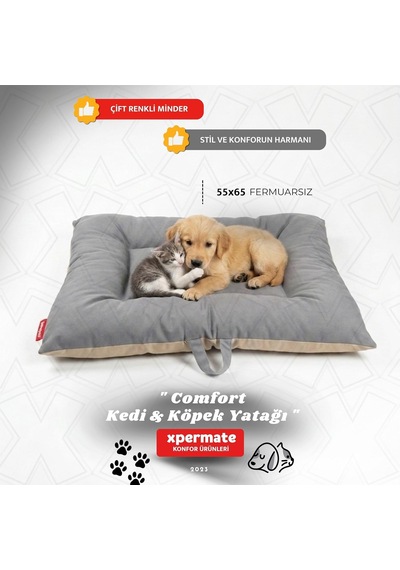 Xpermate Köpek Minderi Köpek Yatağı Kedi Yatağı Çift Taraflı Yıkanabilir Antrasit Bej Comfort 55x65 Cm