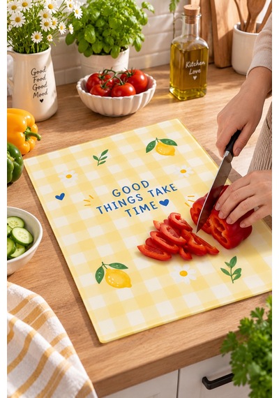 Gökçeoğlu Cam Kesme Tahtası Sarı Beyaz Kareli Limon Temalı - Cam Kesme Tablası 20cm X 30cm Çok Renkli