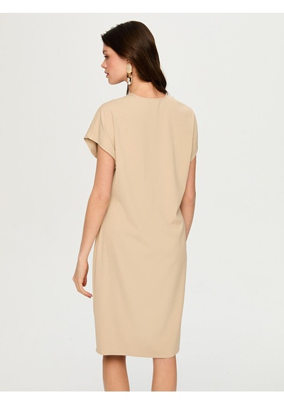 Faik Sönmez Beli Büzgü Detaylı V Yaka Kısa Kol Elbise S26elb030 Us26elb03034 Bej