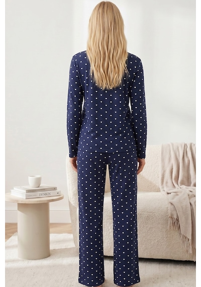 Siyah İnci Pamuklu Likralı Örme Pijama Takım26240308 Lacivert