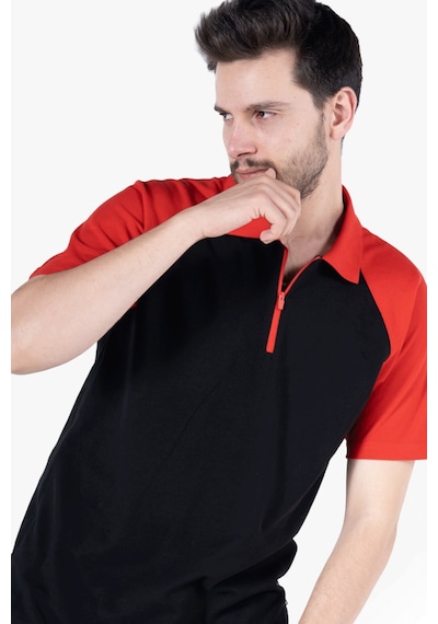 Polo Yaka Fermuarlı T-shirt Siyah - Kırmızı