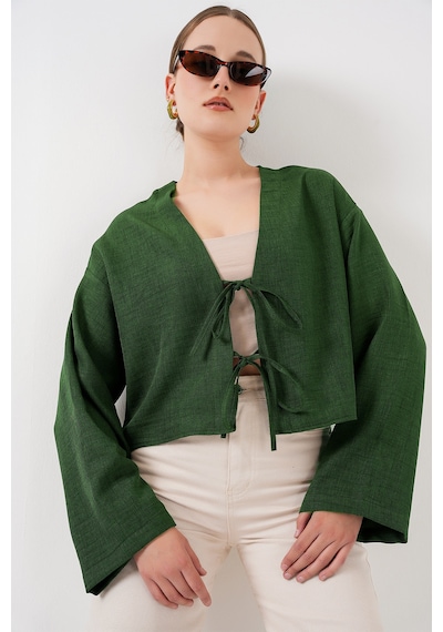 Bigdart Önü Bağlamalı Keten Kimono 960 - Zümrüt Yeşili