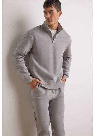 Defacto Regular Fit Dik Yaka Yarım Fermuarlı İçi Yumuşak Tüylü Basic Düz Sweatshirt X7405az25augr198 Gri