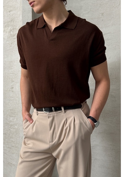 Erkek Oversize Pamuklu Polo Yaka Triko T-shirt Kahverengi