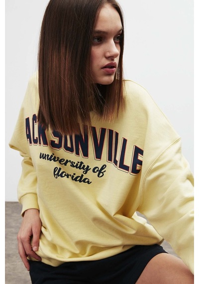 ETHIQUET RA ONA Kadın Oversize Yumuşacık İçi Polarlı Organik Pamuklu Baskılı Yuvarlak Yakalı Sarı Sweatshirt