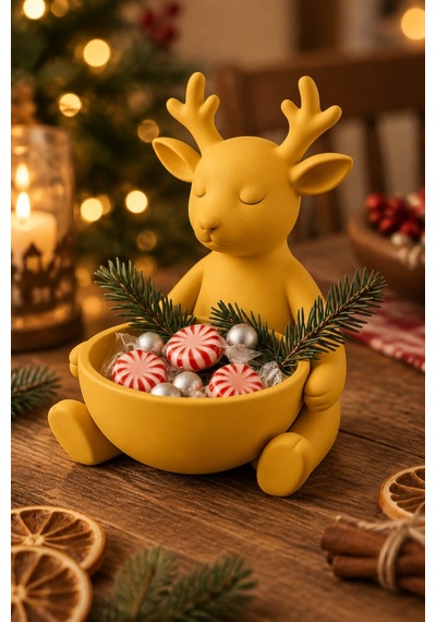 Ren Geyiği Figürlü Çok Amaçlı Kase Noel Sunum Kabı Sarı
