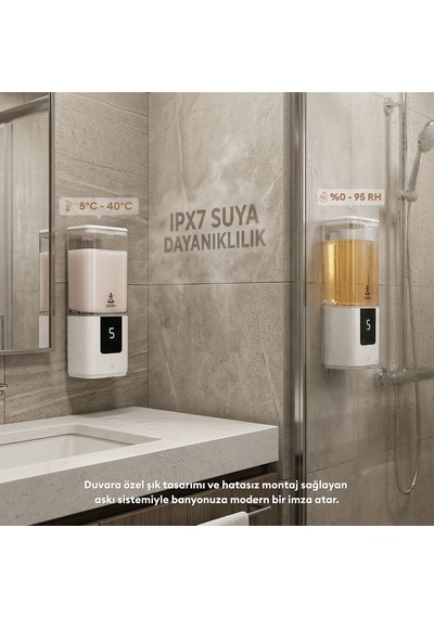 Pizen Aqua Şarjlı Otomatik Sensörlü Sıvı Sabunluk 5 Kademeli Akış Ipx7 Suya Dayanıklı Dijital Ekran Dispenseri Beyaz