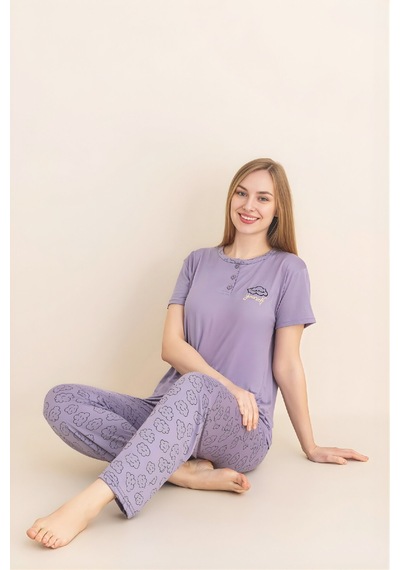 Enisena Kadın Pijama Takımı-menekşe Kumaş-3 Düğmeli-yaka Baskılı-12606sf lila