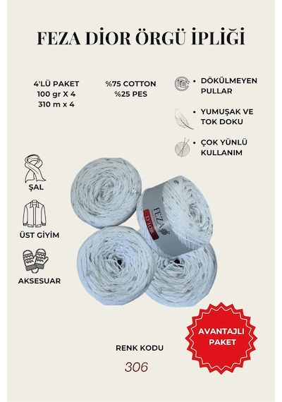 Dior El Örgü İpliği 100 Gr 4 Lü Paket 310 M %75 Cotton %25 Pes Yumuşak Ve Tok Doku