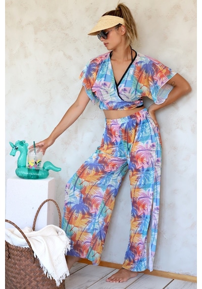 Plaj Pantalon Pareo Yazlık Kapalı Yırtmaçlı Lastikli Şifon Tül Kumaş S-M Yüksek Bel Coconut Renkli