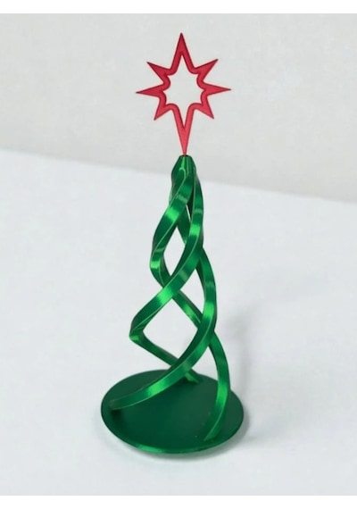 2'li Set: 3d Baskı Spiral Noel Ağacı Yılbaşı Dekorasyonu - Kırmızı Yıldızlı 26 Cm Boy