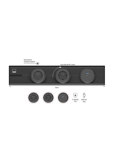 Eae E-flux Raylı Priz, 2 Şebeke, 1 Usb Type A+c 20w Siyah Efs500