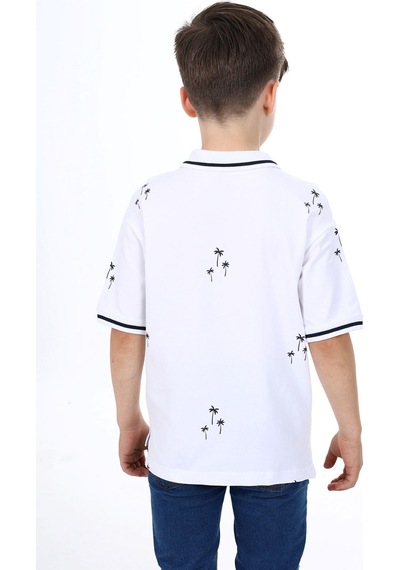 Toontoy Kids Toontoy Erkek Çocuk Baskılı Polo Yaka Düğmeli Kısa Kollu Tişört Beyaz