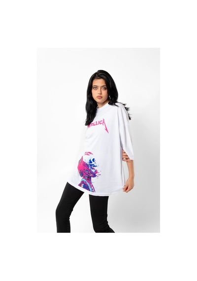 Tarzsokak Metallica Neon Pembe Baskılı Beyaz Unisex Oversize Beyaz