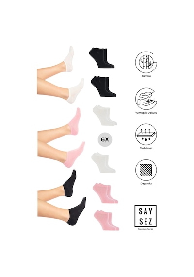 Saysez Bambu Kadın Sneaker Siyah-beyaz-pembe Çorap Dikişsiz Görünmez Bilekte Spor Çorap Premium 6'lı Paket Renkli