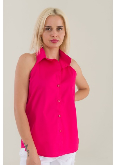 Bold & Young Kadın Fuşya Kolsuz Omuz Açık Likralı Poplin Gömlek 9208 Fuşya