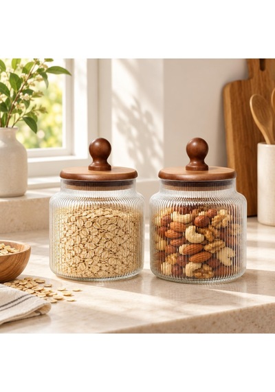 2'li 900 Ml Akasya Kapaklı Çizgili Cam Kavanoz Sızdırmaz Saklama Kabı Seti Çok Renkli