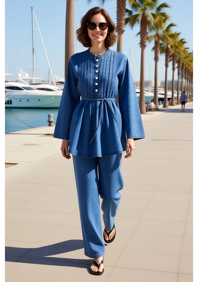 Benerly Kadın Büyük Beden Düğmeli Gömlek Kesim Denim Tunik Uzun Kol Stand Mavi