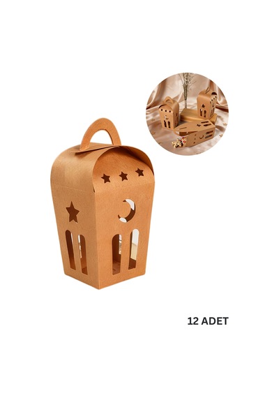 Ramazan Temalı Dekoratif Fener Kutusu, Ay Yıldız Kesim Hediyelik Kutu Seti, 6x9 Cm - 12 Adet, Kraft