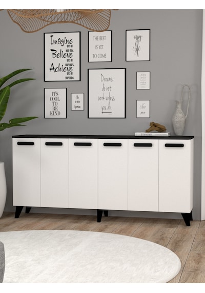 Monako 6 Kapaklı Tv Ünitesi Siyah Mermer Desenli Beyaz