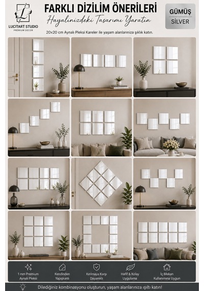 10 Adet Dekoratif Kare Gümüş Pleksi - 10x10, 15x15, 20x20, 25x25, 30x30, 35x35, 40x40 Cm Kendinden Yapışkanlı Duvar Dekorasyonu Ürünü Pleksi Gümüş