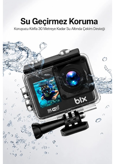 Exenar - Siyah - 5k Aksiyon Kamerası Wi-fi 50mp Çift Ekran Su Geçirmez Kılıflı Vlog Kamerası Eıs Sony Imx386 Sensörlü