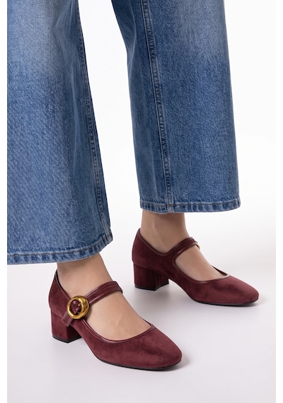 Luvi Shoes Merel Bordo Süet Kadın Kalın Topuklu Ayakkabı