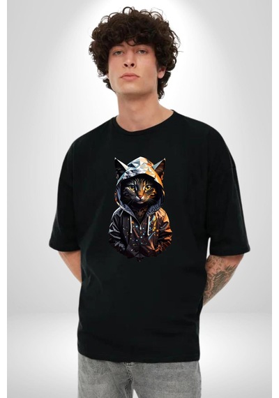 Hip Hop Gençlik Kedi Çeket Pamuklu Bisiklet Yaka Unisex Oversize Boyfriend Dijital Baskılı Siyah T-shirt Siyah