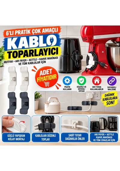 Bezos 6'lı Pratik Kablo Toparlayıcı Yapışkanlı Klips Mutfak Air Fryer Kettle Kahve Tost Makinası Mbt06 Standart