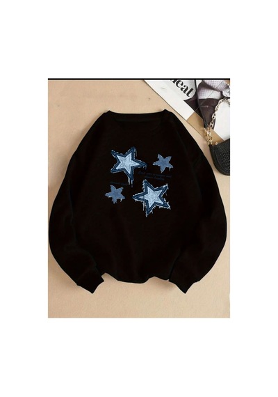Herkesemoda Yıldız Baskı Detaylı Bisiklet Yaka İçi Polarlı Sweatshirt Siyah