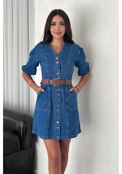 Noa & Noa Kadın Düğmeli Denim Elbise Deri Kemerli & Modern Kesim Mavi