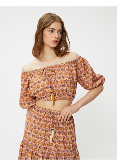 Koton Crop Bluz Etnik Baskılı Lastik Detaylı Kahverengi Desenli 3sak60175ew
