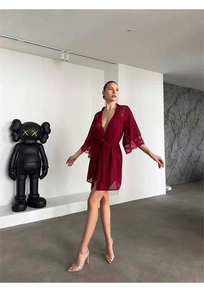 Semel Kadın Şık Tasarım Bordo Dantel İşlemeli Body Suit Ve Tül Gecelik Takımı